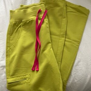 Figs Yola Scrubs in Lime Green with Pink Tied